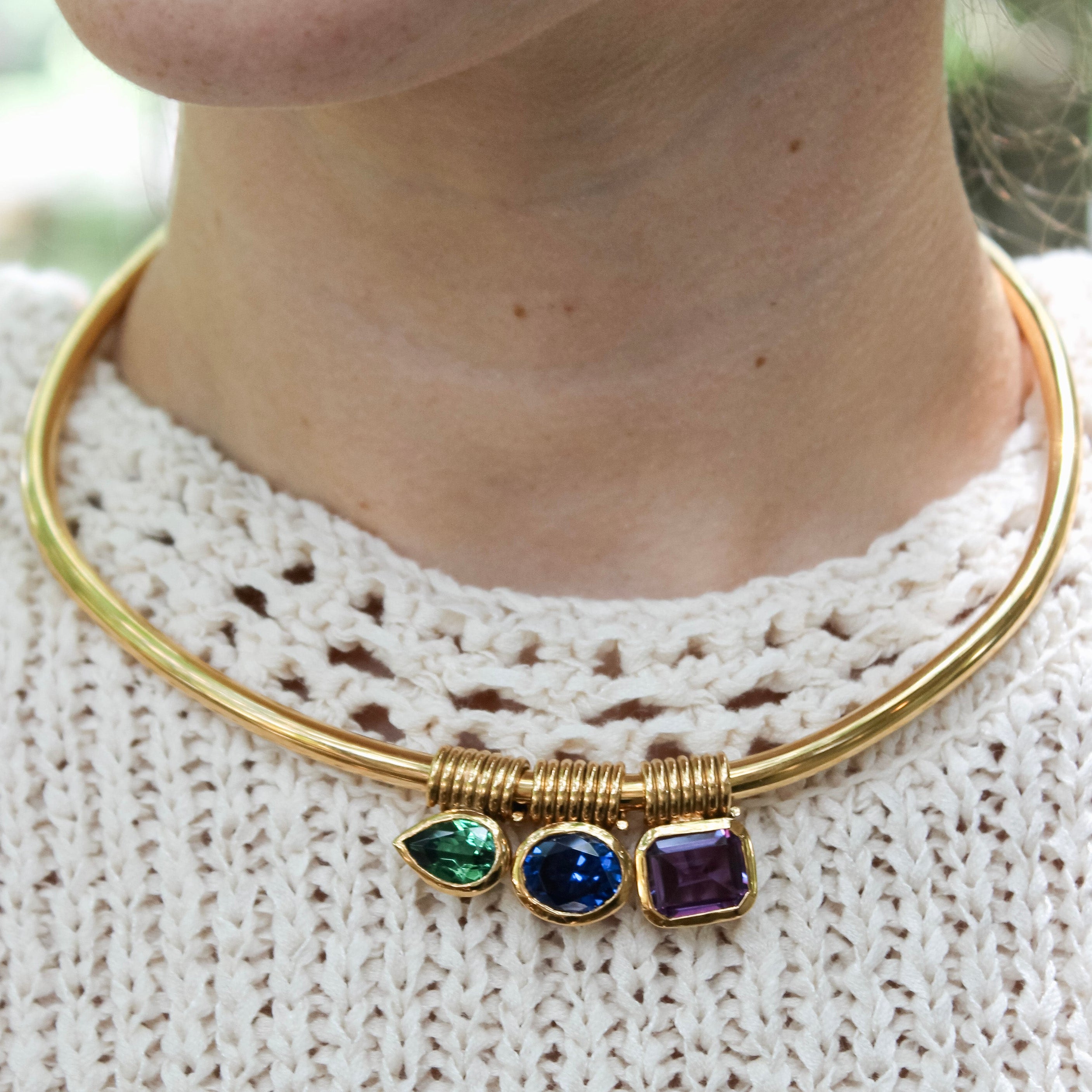 Custom sculptural gold collar necklace with hand-carved details by Mary Frances Maker.